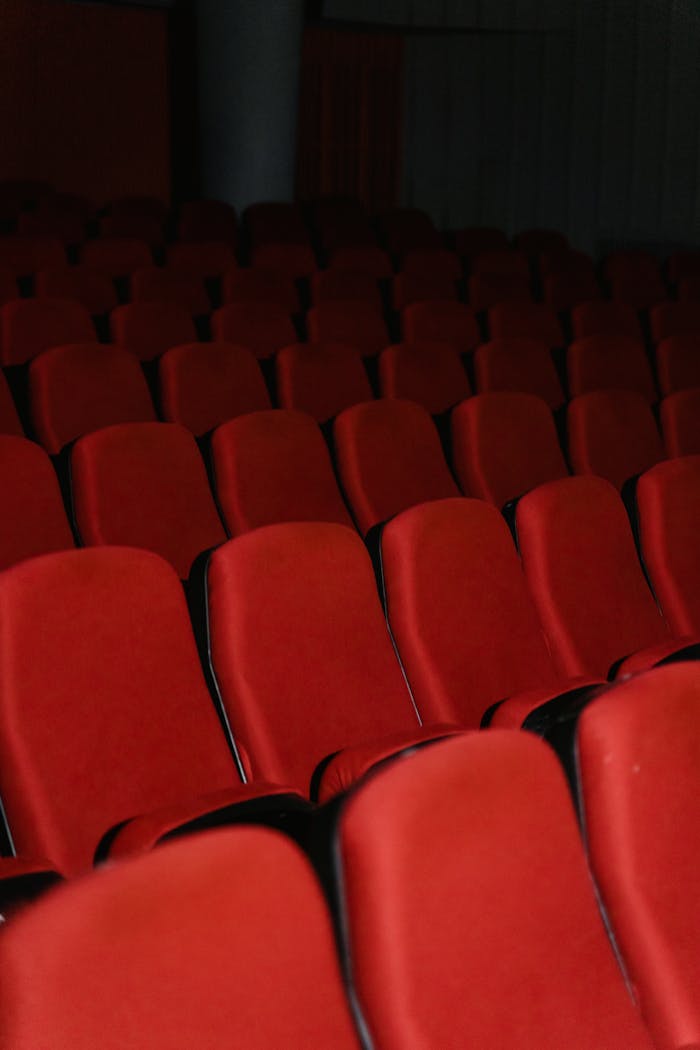 our-experience Empty cinema hall with rows of red theater seats, creating a dramatic and moody atmosphere.